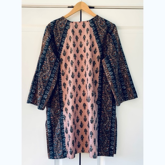 J. Jill Tunic Cotton Linen Block Print Floral Shift Split Neck 3/4 Sleeve Size M - Picture 2 of 8